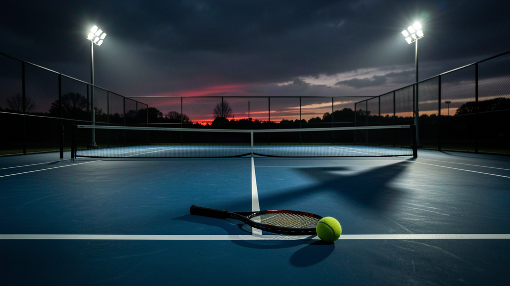 Campo da tennis al tramonto con racchetta e palla abbandonate