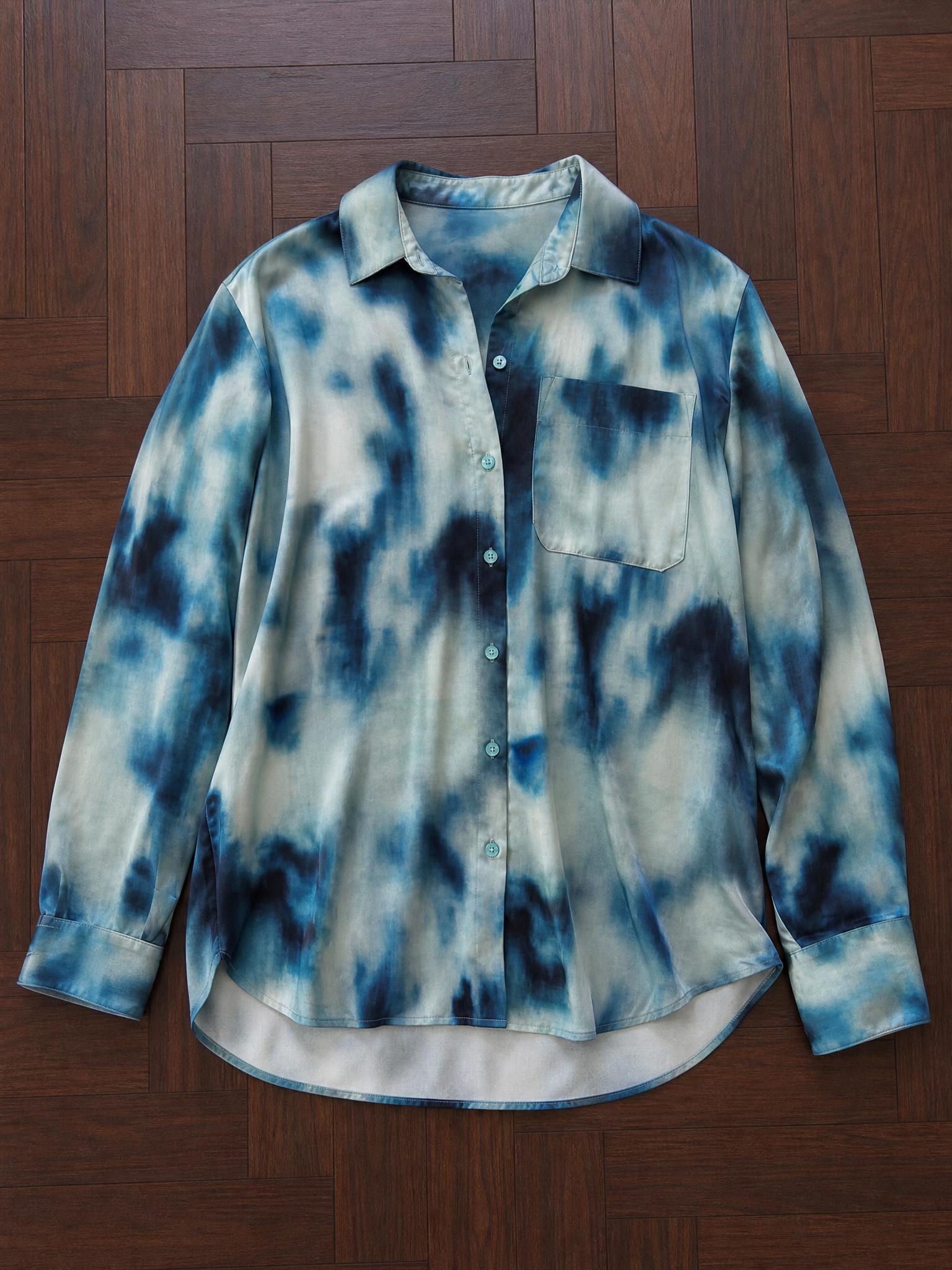 C&A Blue Abstract Tie-Dye Button-Up Blouse Shirt