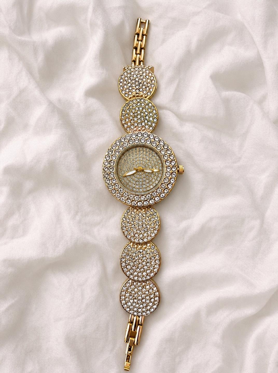 Gold-Tone Rhinestone Bracelet Watch – Glam Statement Style