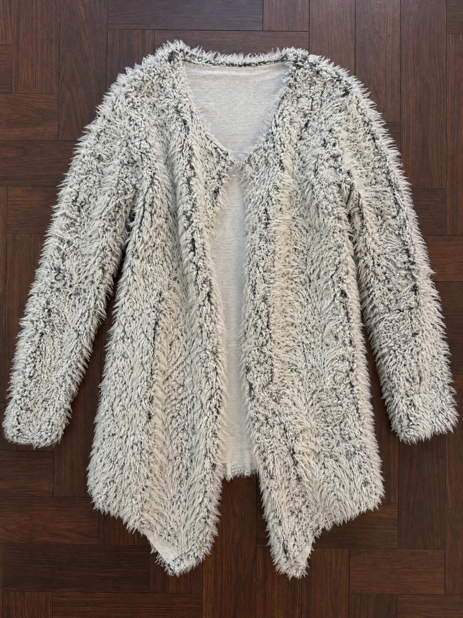 Ambika fluffy shaggy knit cardigan in grey and cream, size L