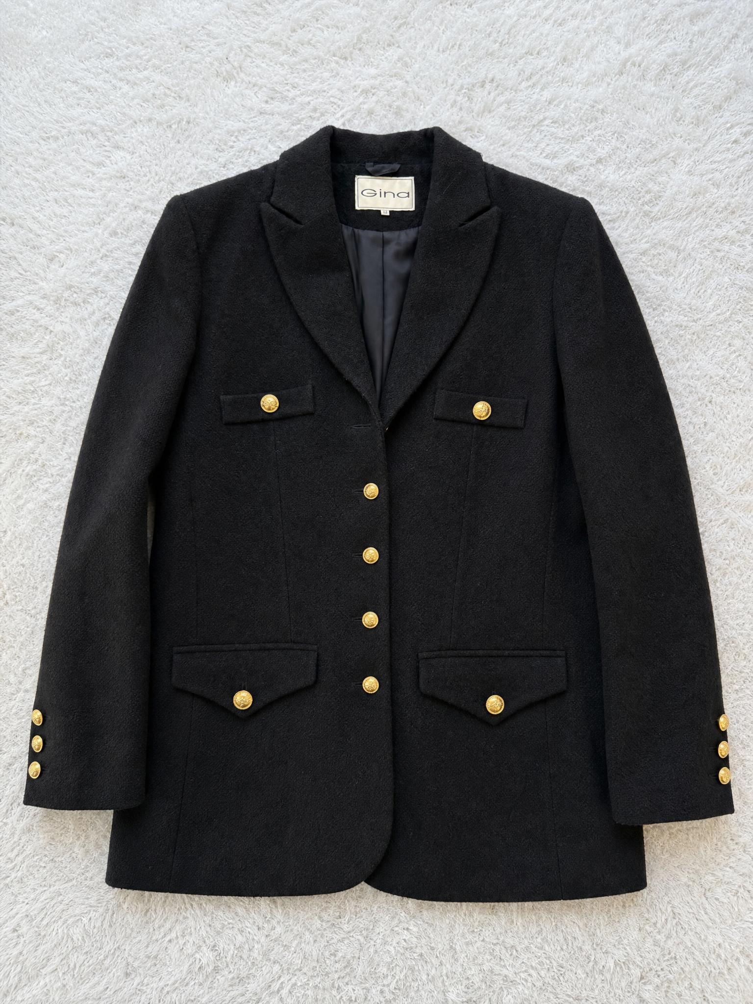 Gina black tailored blazer with gold buttons, size 12