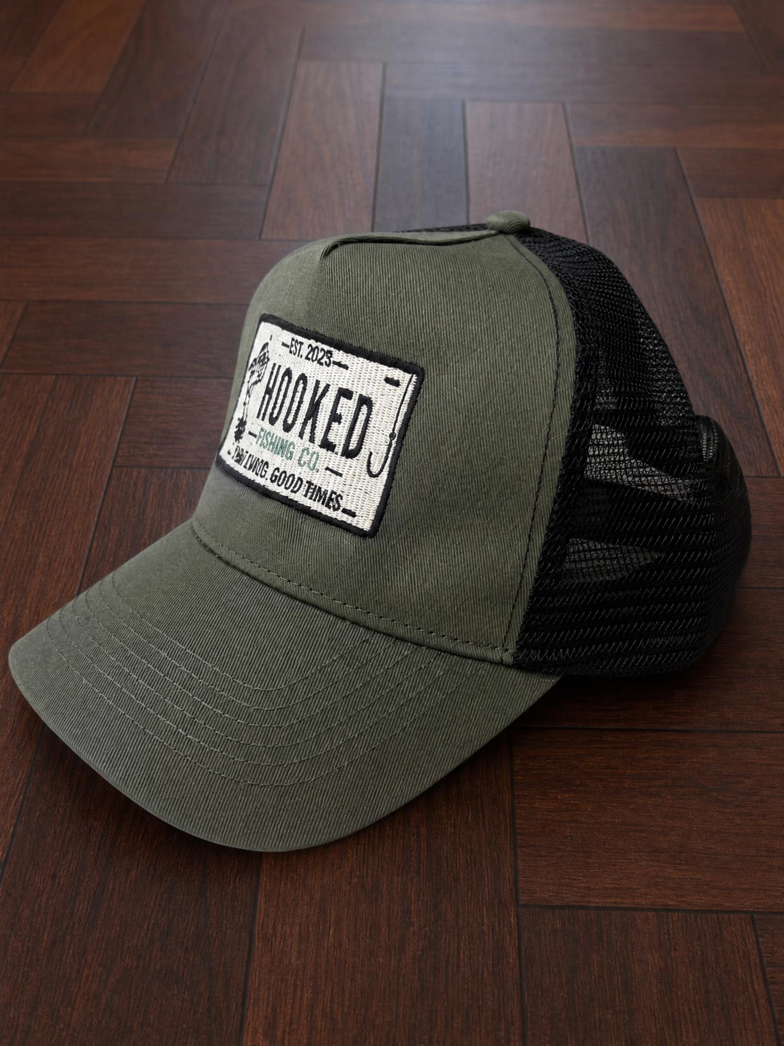 Olive Green HOOKED Trucker Cap with Black Mesh Snapback