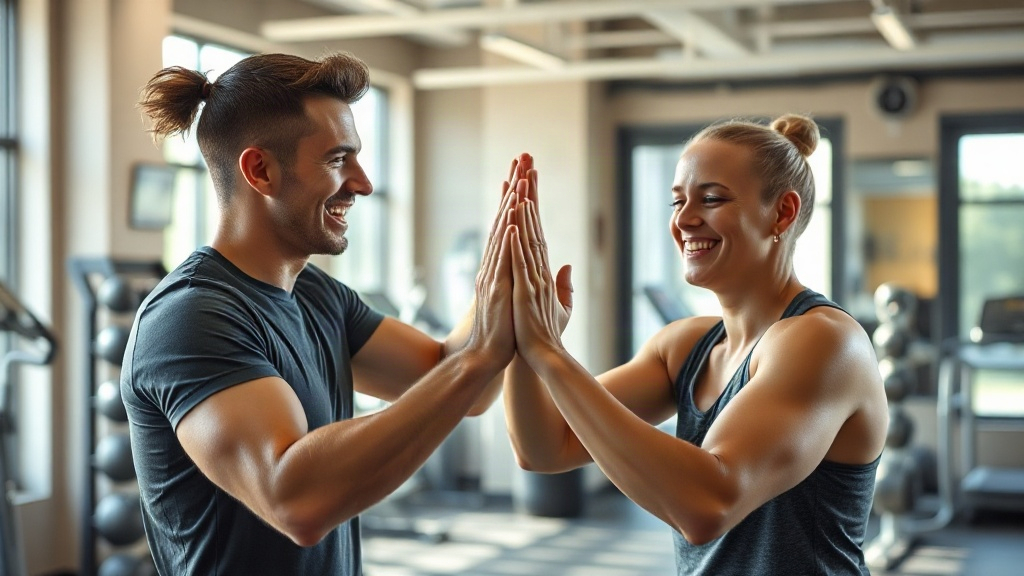 Personal trainer and client high-fiving after a workout in a bright modern gym, genuine smiles, cand