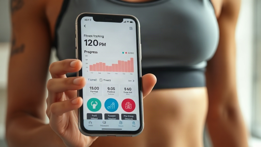 Close-up of a fitness tracking app on a smartphone showing progress charts and achievement badges, h