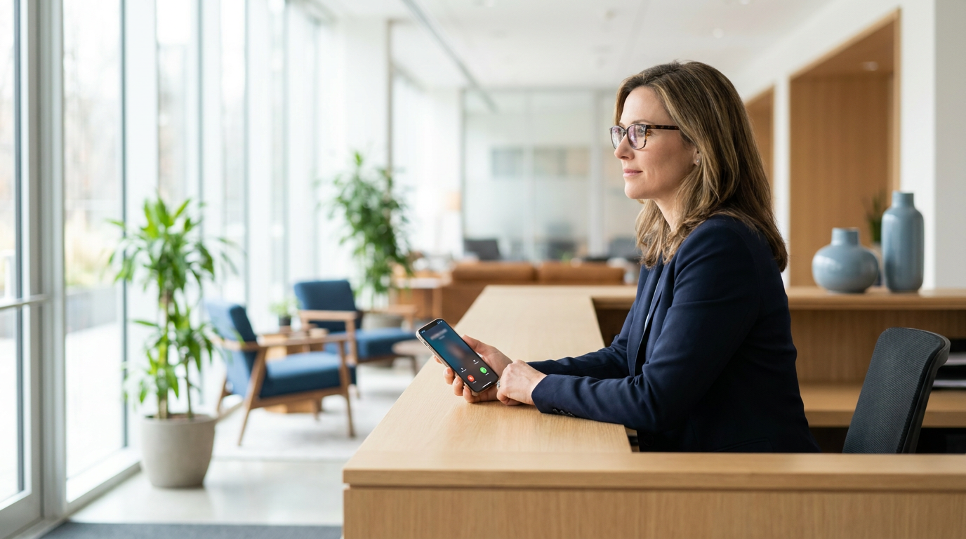 Ondernemer aan een licht bureau die rustig een inkomende oproep op haar telefoon beantwoordt