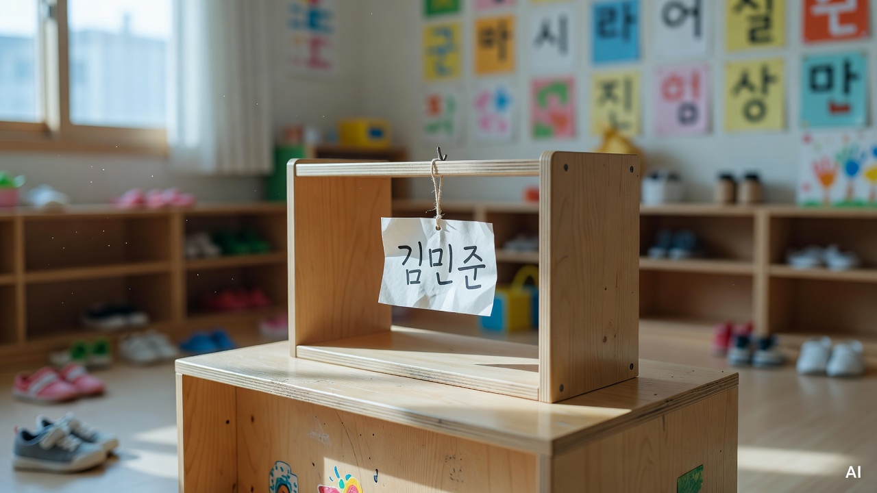 a child's name tag hanging on a small cubby shelf inside a Korean daycare center