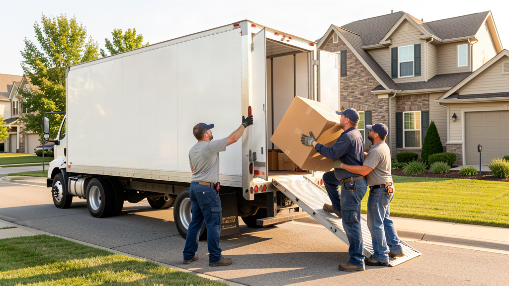 A professional moving crew lifting a sofa up the ramp of a moving truck outside a suburban home on a bright afternoon, a smartphone visible in the foreground, no text