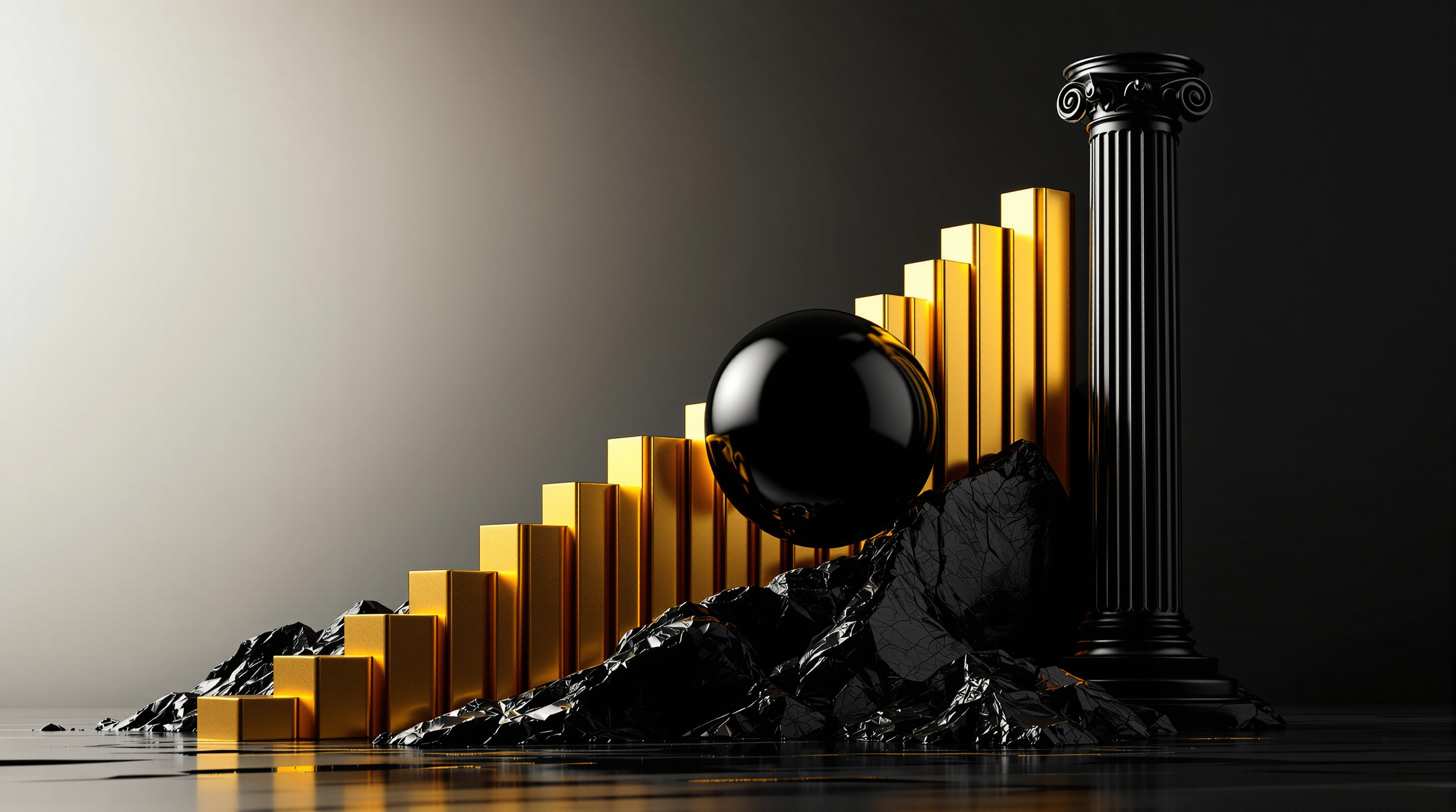 sculptural ascending golden bar chart and a glossy black oil sphere in front of a monolithic column — editorial cover artwork for the Knightron story on Stocks Rally On Oil Retreat As Fed Hike Looms After Hot CPI