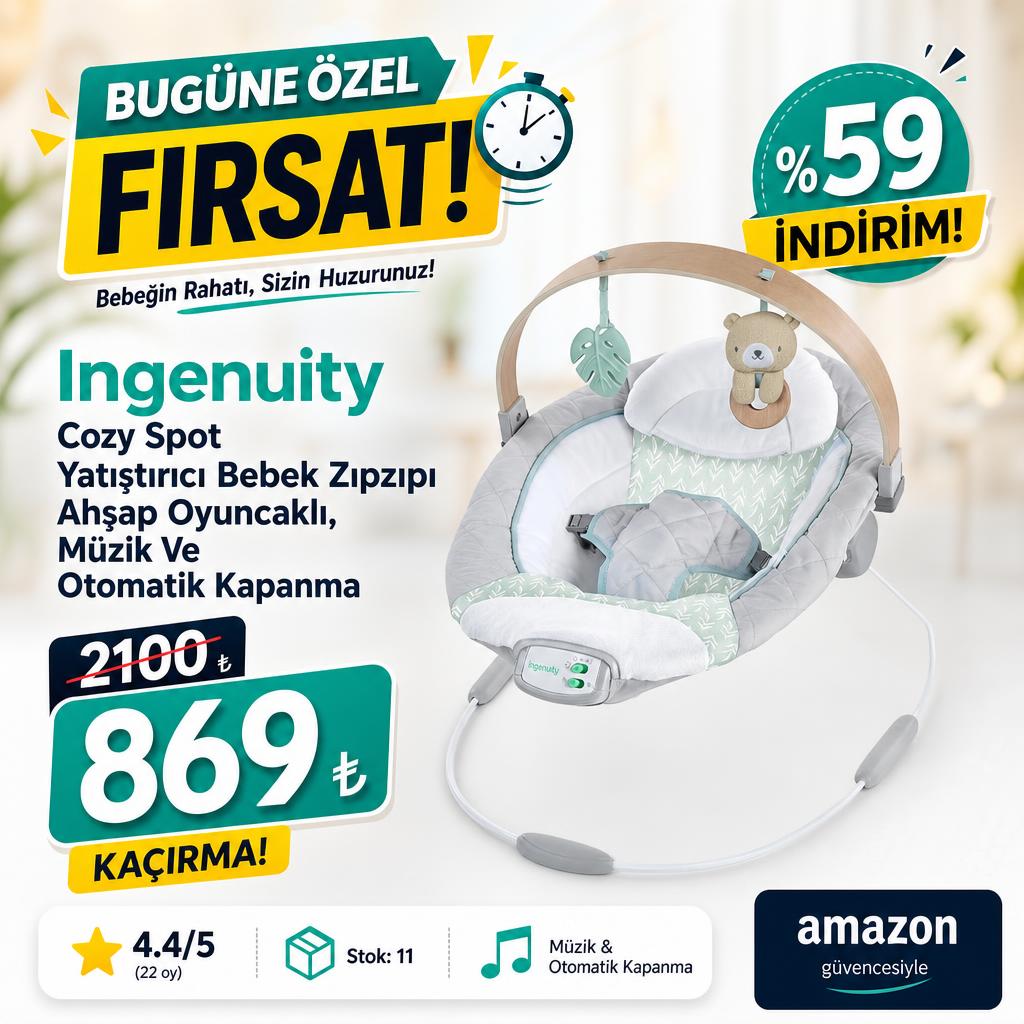 Ingenuity Cozy Spot Yatıştırıcı Bebek Zıpzıpı Ahşap Oyuncaklı, Müzik Ve Otomatik Kapanma