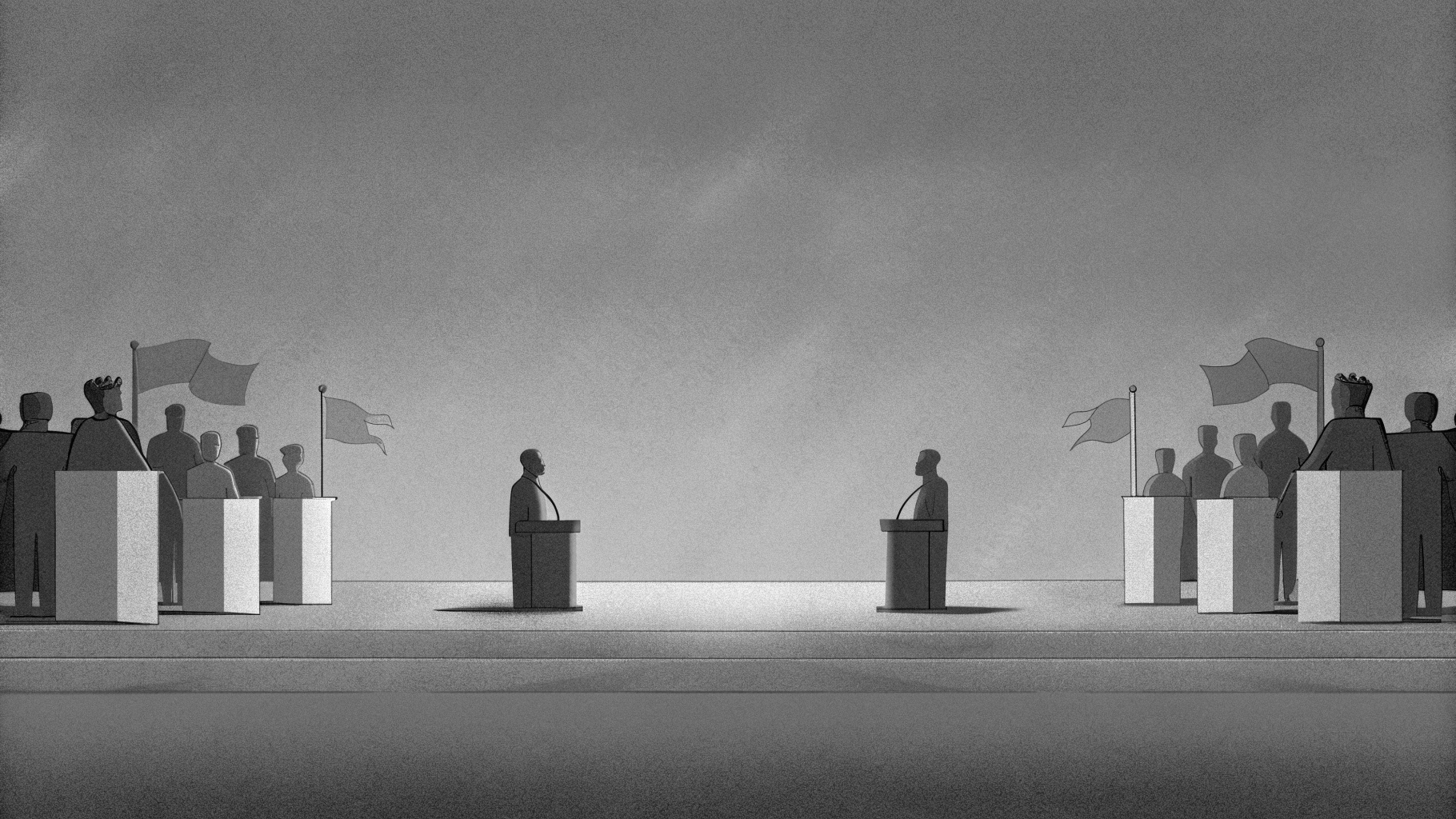 Illustration abstraite d’une rentrée politique avec silhouettes de militants et tribune