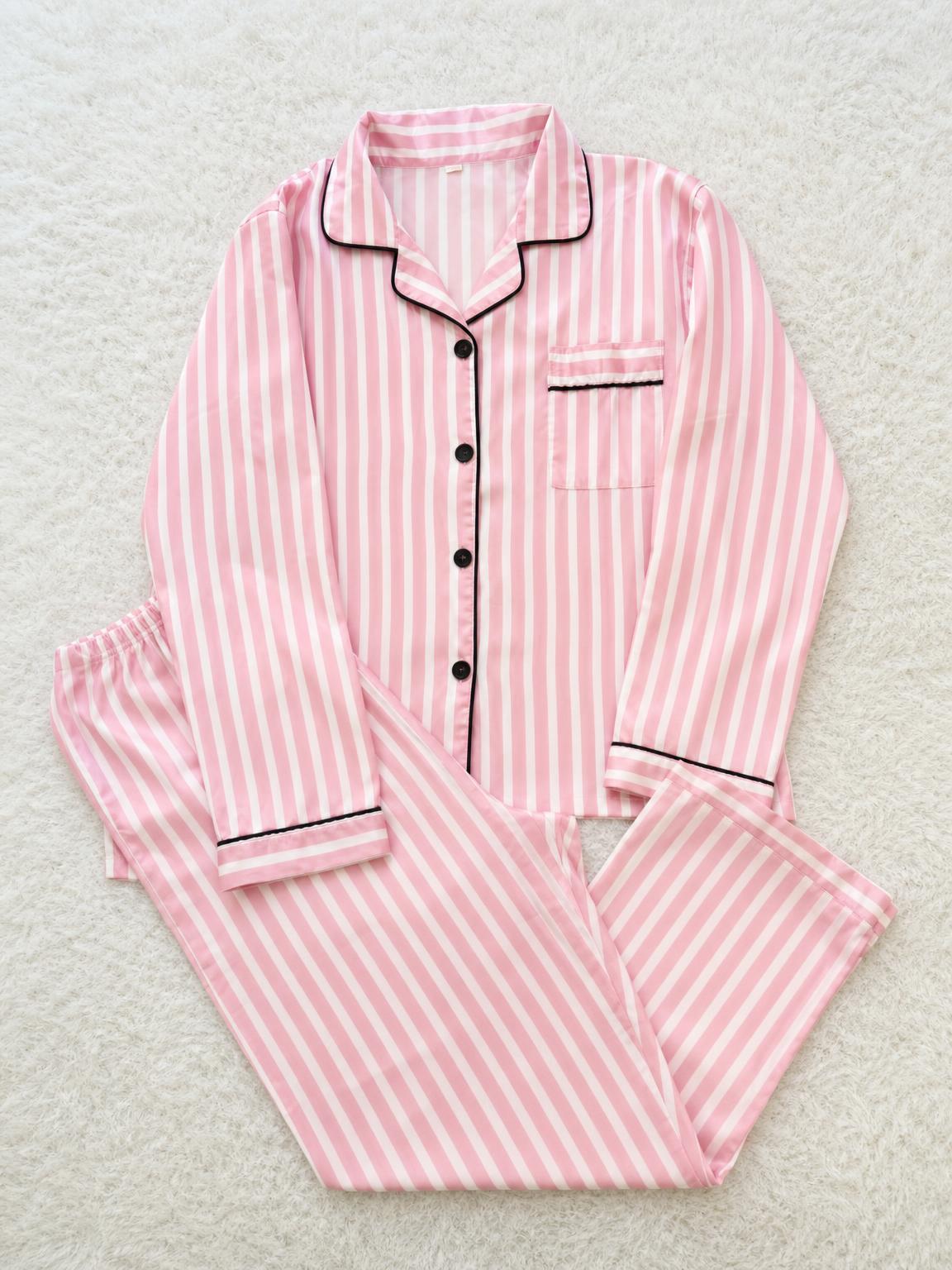 Pink Striped Satin-Look Pajama Set with Contrast Piping