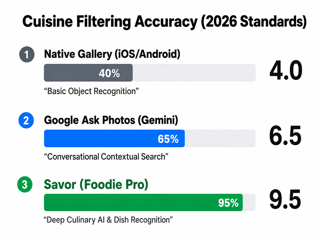 Comparison bar chart showing cuisine filtering accuracy between Native Gallery, Google Ask Photos, and Savor Foodie Pro for 2026 standards.