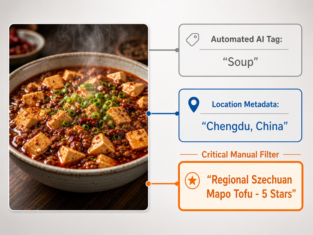 Diagram showing the hierarchy of food metadata including AI tags, location data, and manual captions for precise regional cuisine filtering.