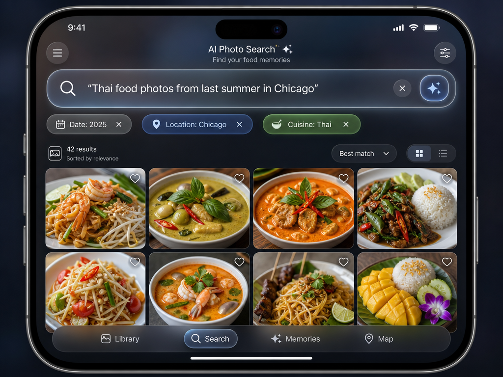 Smartphone interface displaying an AI-driven natural language search for Thai food photos in Chicago with interactive filter chips for cuisine.