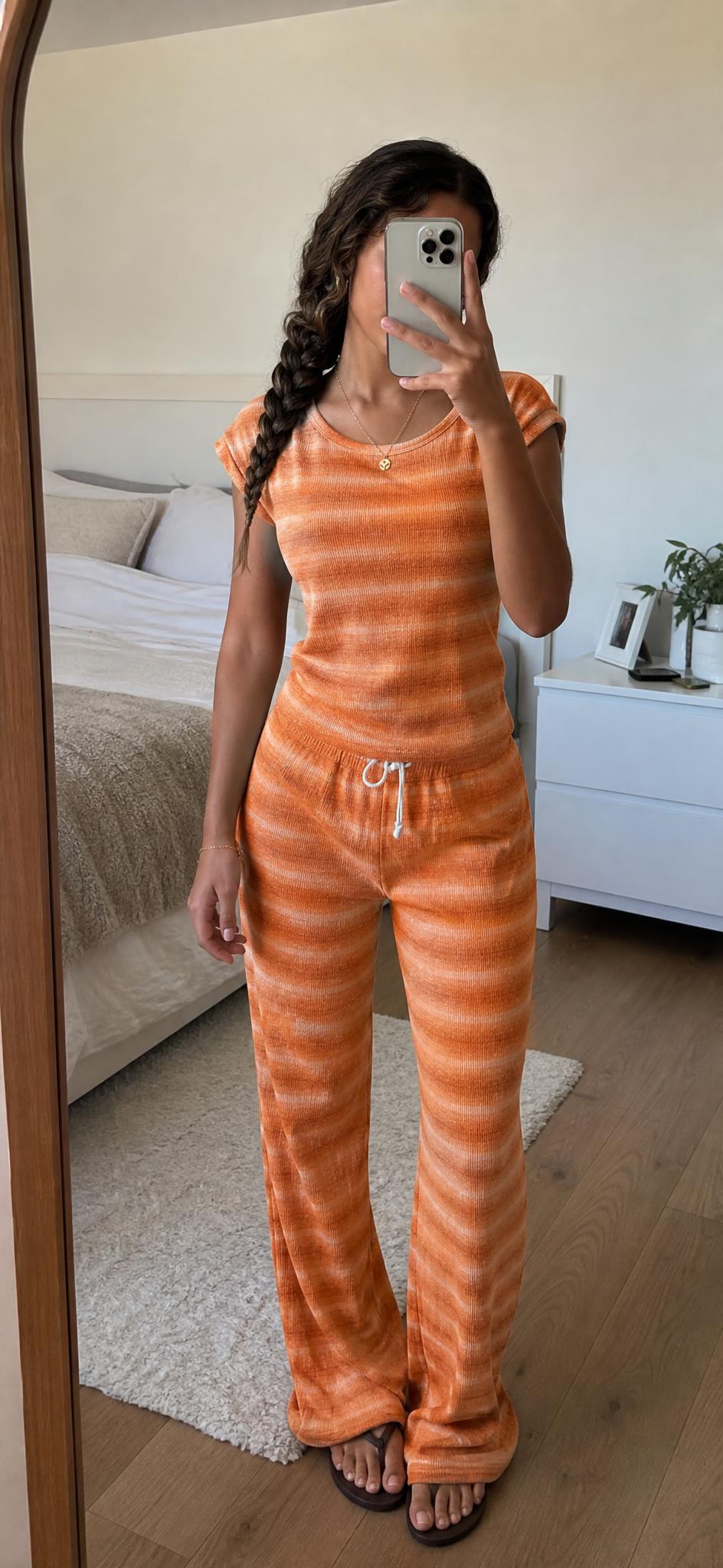 Orange Tie-Dye Ribbed Crop Top & Shorts Co-Ord Set