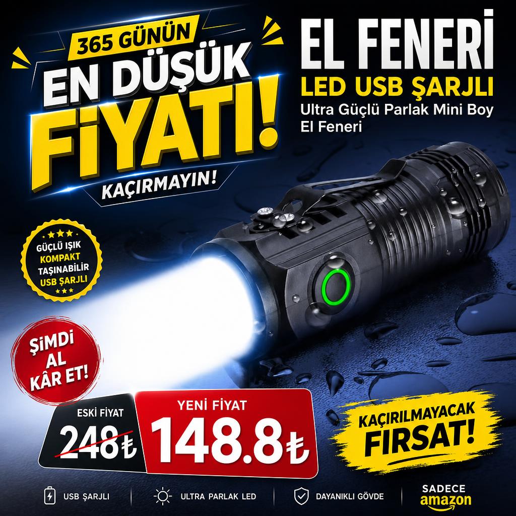 El Feneri Led USB ŞARJLI-Ultra Güçlü Parlak Mini Boy El Feneri