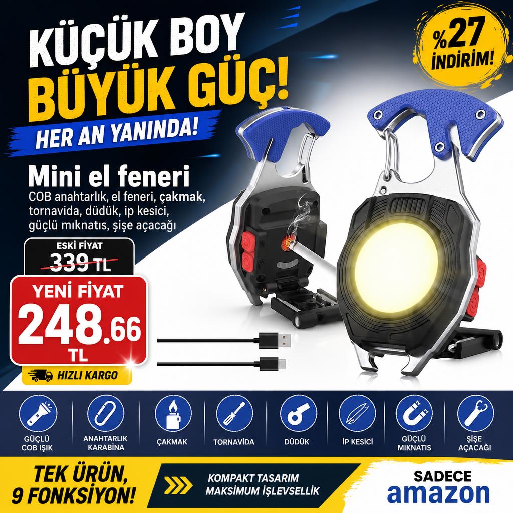 Mini el feneri, COB anahtarlık, el feneri, çakmak, tornavida, düdük, ip kesici, güçlü mıknatıs, şişe açacağı