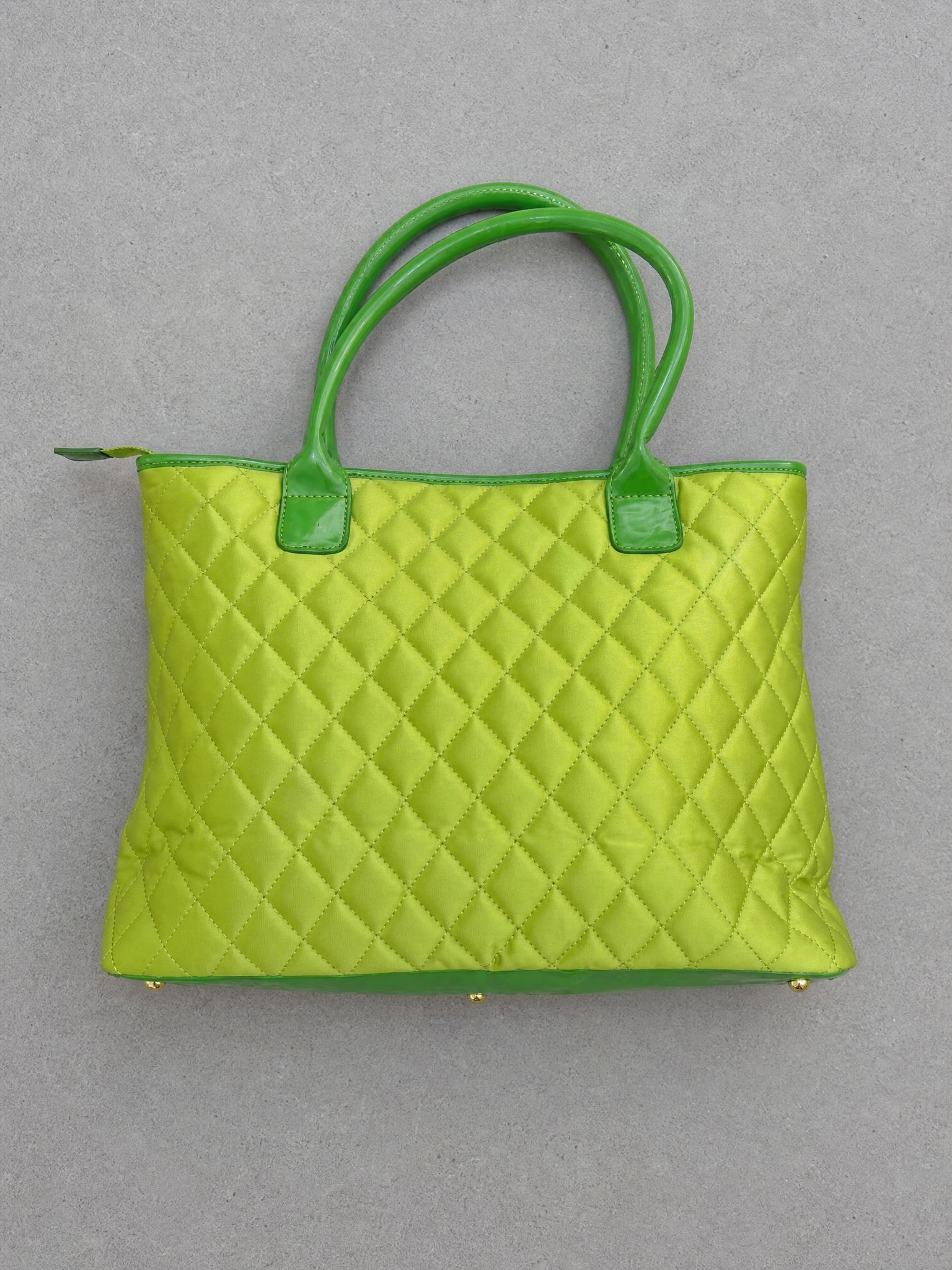 Lime Green Quilted Tote Bag with Glossy Trim - Very Good