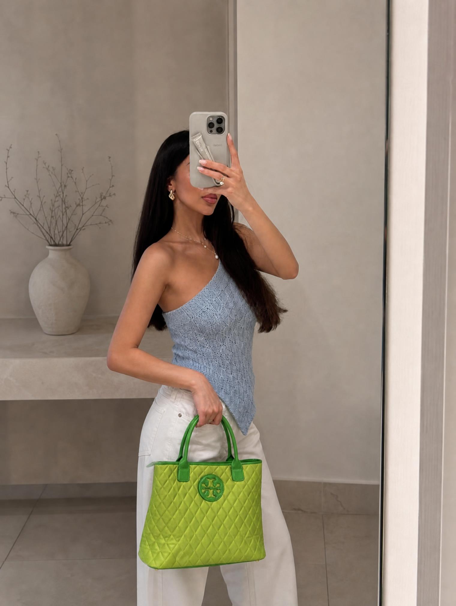 Tory Burch Quilted Lime Green Tote Bag with Logo