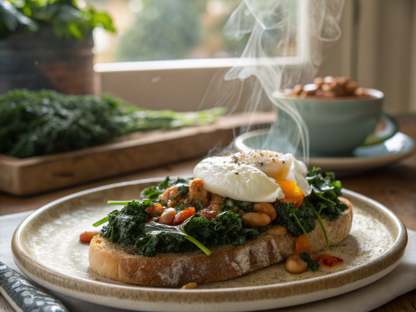 Tuscan Kale and White Bean Bruschetta with Poached Egg