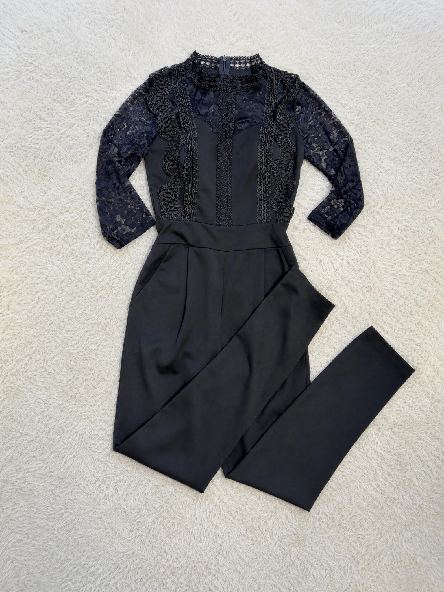 Black Lace Sleeve Wide-Leg Jumpsuit