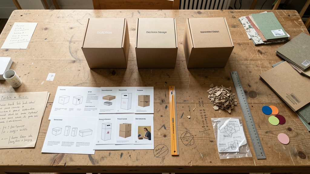 Table de travail avec prototypes, matières et cartes pour choisir un packaging