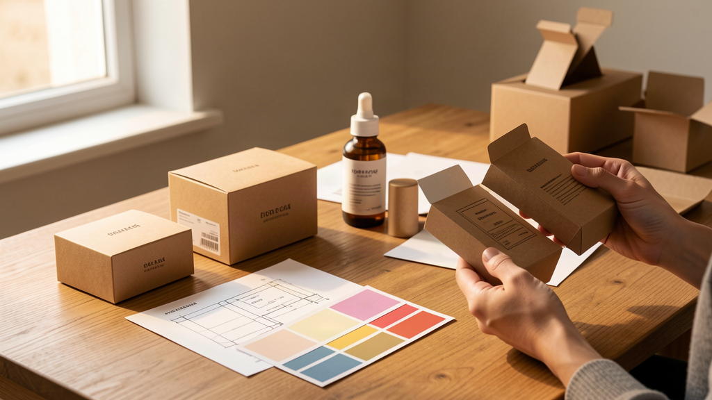 Maquettes de boîtes et échantillons pour un projet de design packaging e-commerce