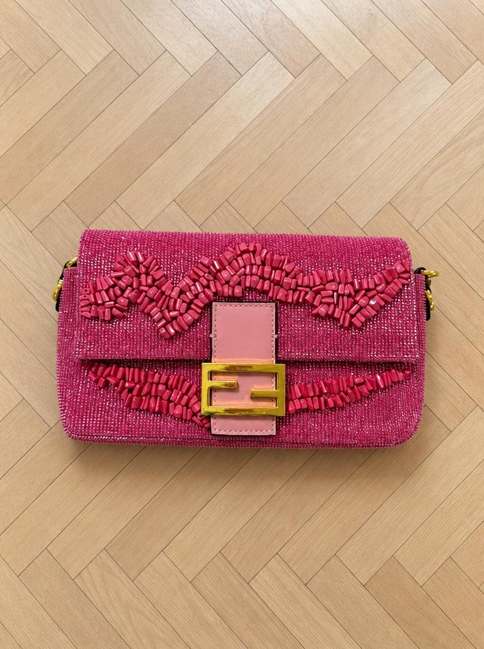 Fendi Pink Beaded Baguette Shoulder Bag with FF Clasp