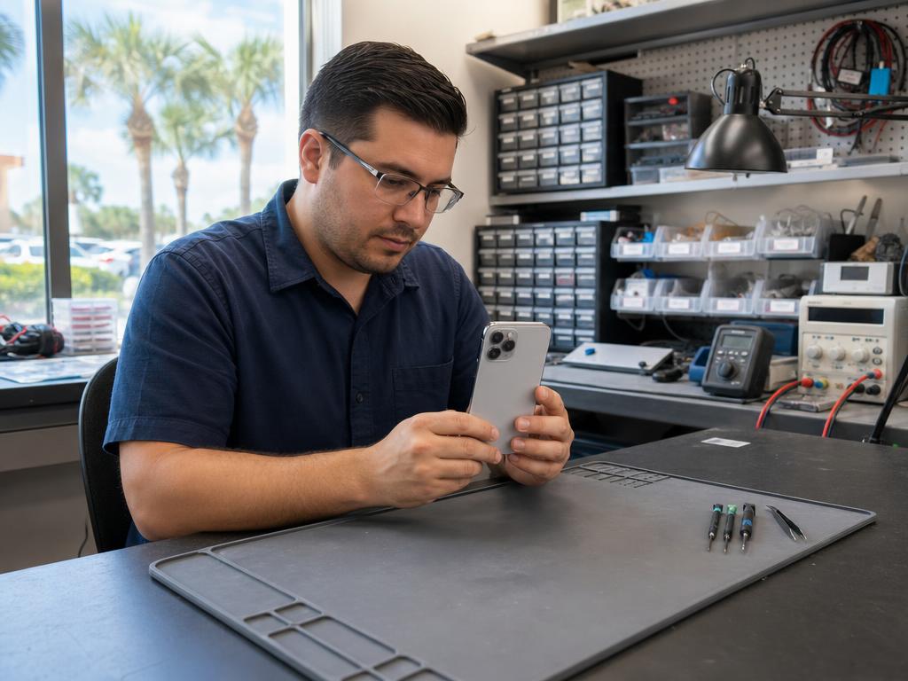 Technician at a Boca Raton repair bench inspecting an intact smartphone — iPhone screen repair