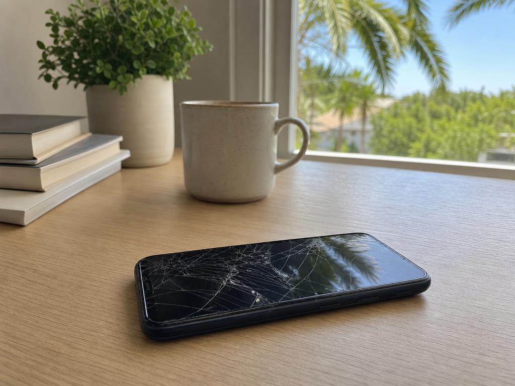 Cracked smartphone with shattered screen on a Boca Raton home desk — iPhone screen repair
