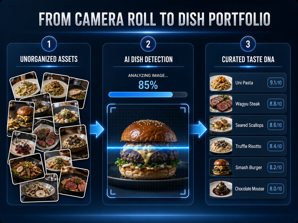Three-step diagram showing the process of using AI to scan a smartphone camera roll and organize food photos into a curated dish list.