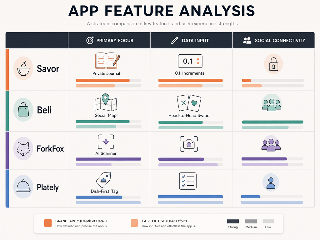 Comparison matrix of food apps including Savor, Beli, ForkFox, and Plately based on input methods and social features.