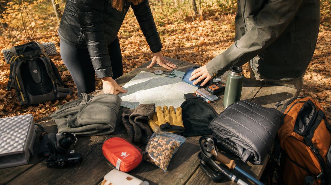 Layered fall hiking clothes with gloves, hat, and backpack laid out.