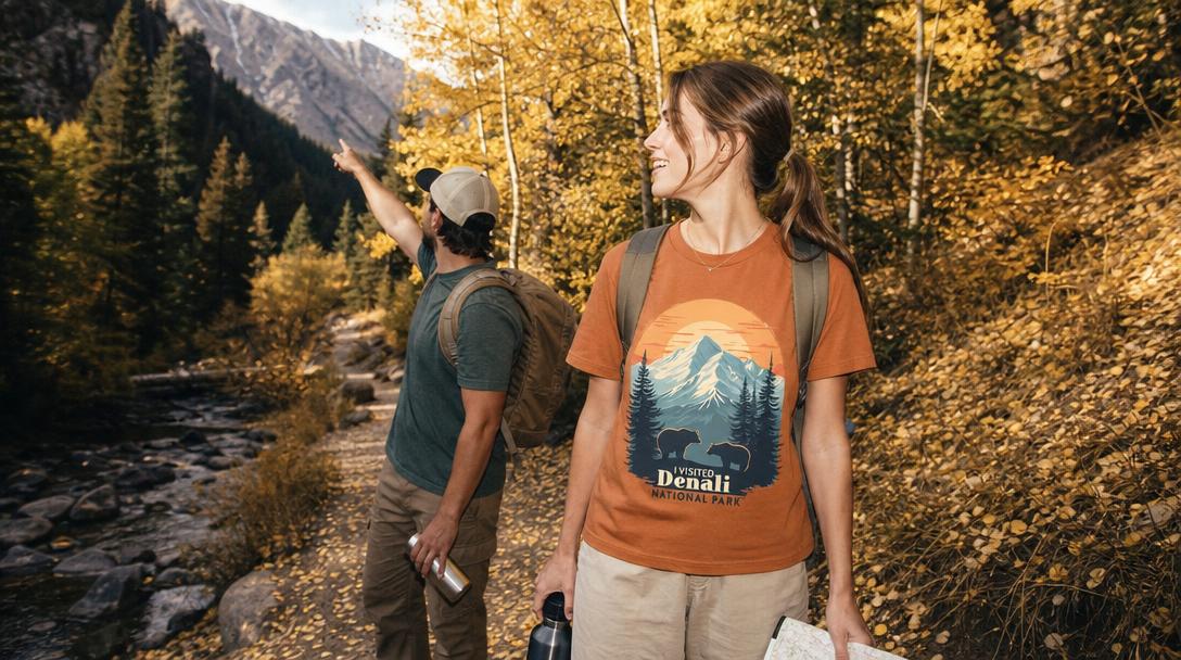 Hiker admiring colorful fall landscape at sunset