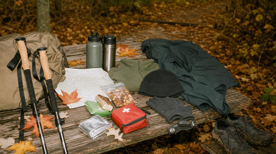 Cozy fall camping scene with van and campfire surrounded by colorful trees