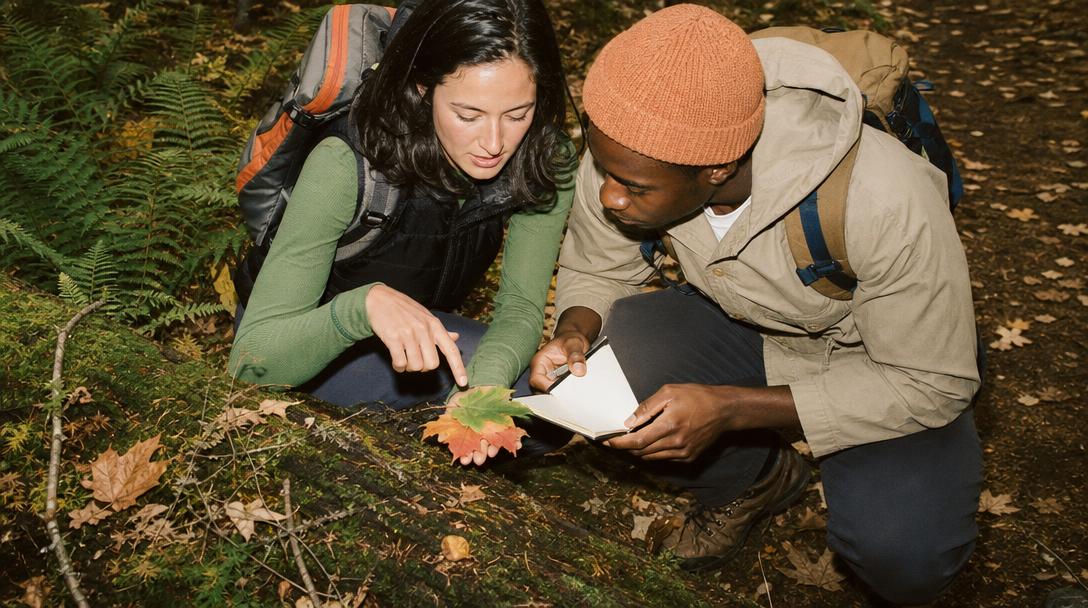 Fall hiking gear including layers, hat, gloves, and hiking poles