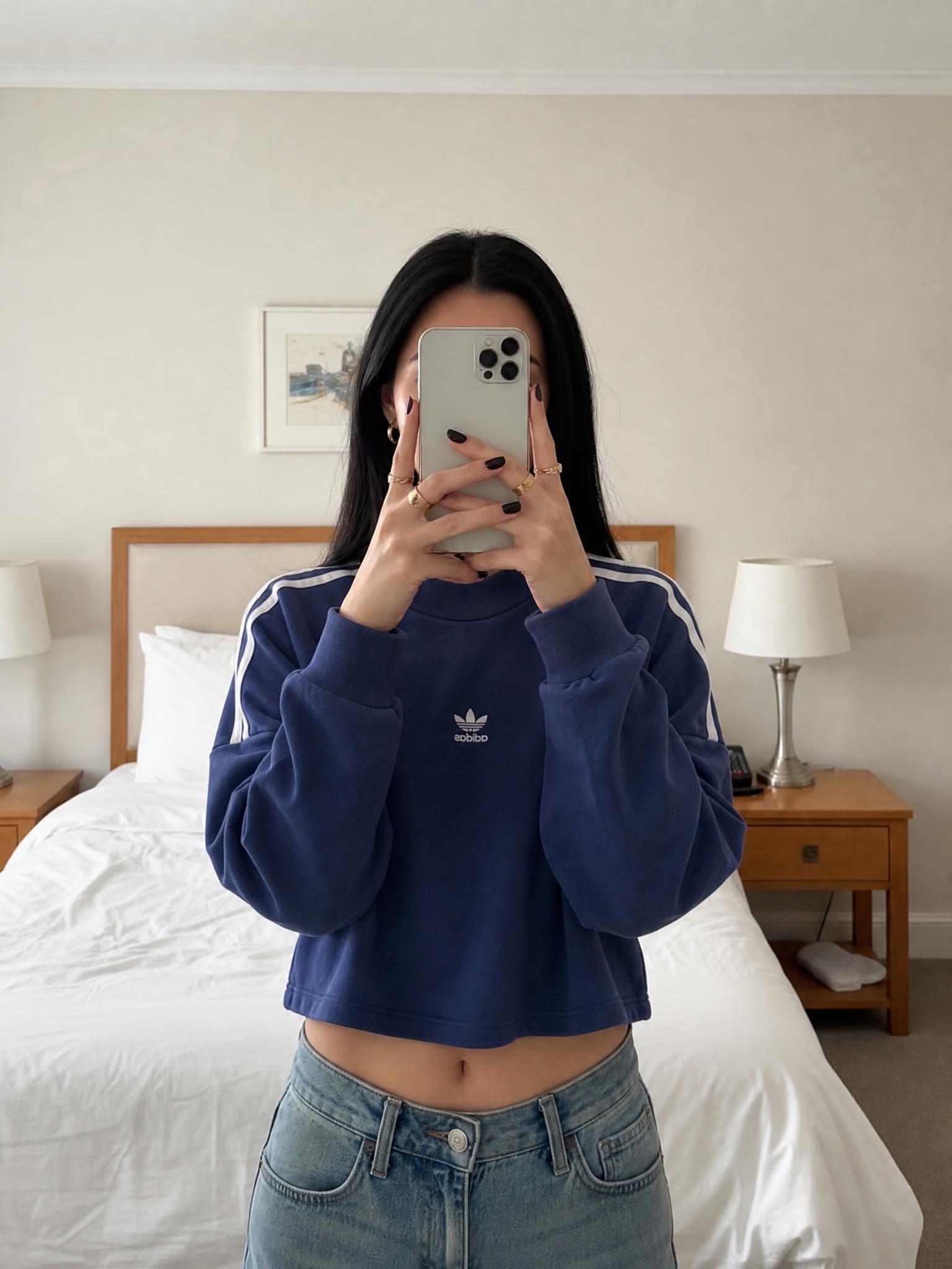 adidas Navy Blue Three-Stripes Long Sleeve Sports Top