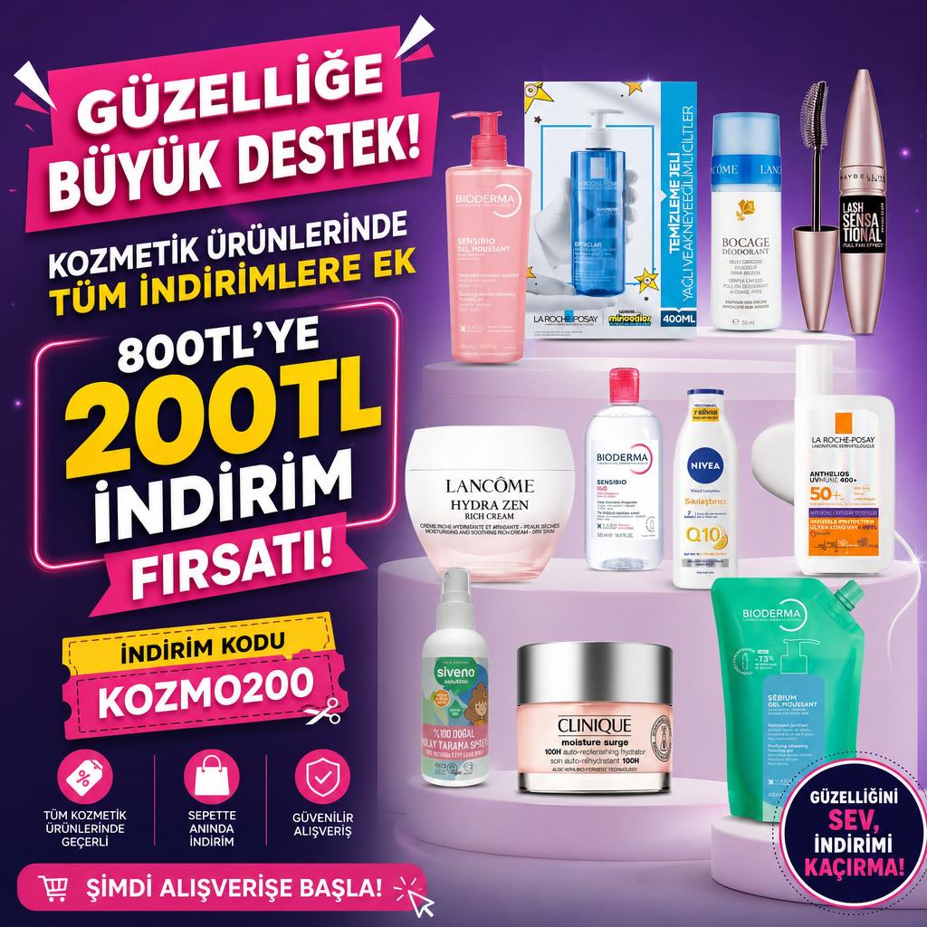 KOZMETİK ÜRÜNLERİNDE TÜM İNDİRİMLERE EK 800TL'YE 200TL İNDİRİM FIRSATI!