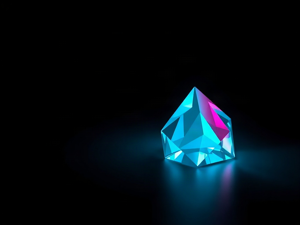 A luminous cyan and magenta crystal suspended in darkness