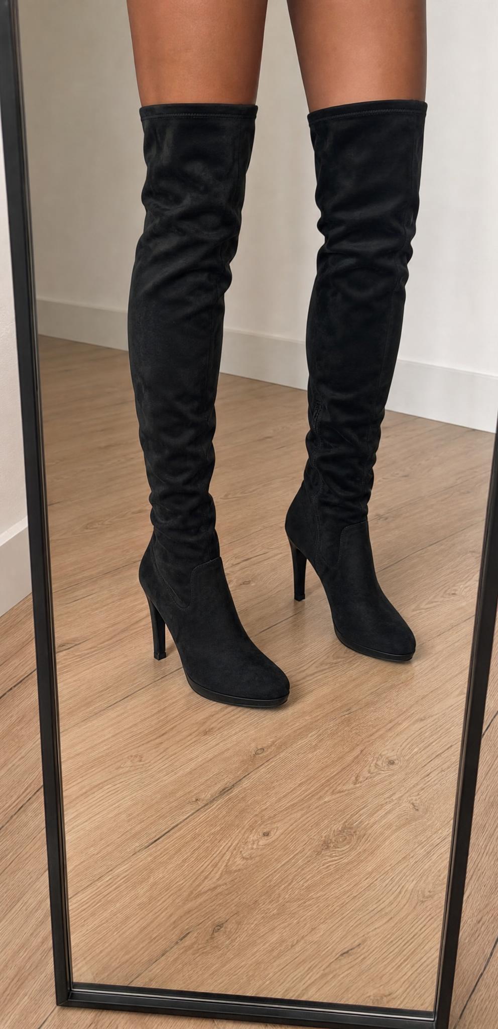 Black thigh-high pointed toe heeled boots – very good condition