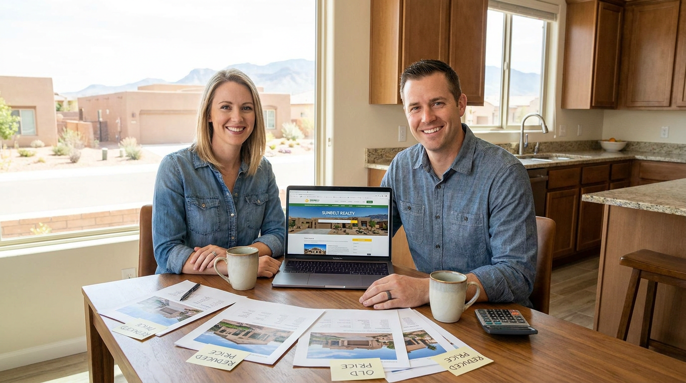 Smiling couple in their 30s sits at a kitchen table with a laptop open to a home‑search site, printe