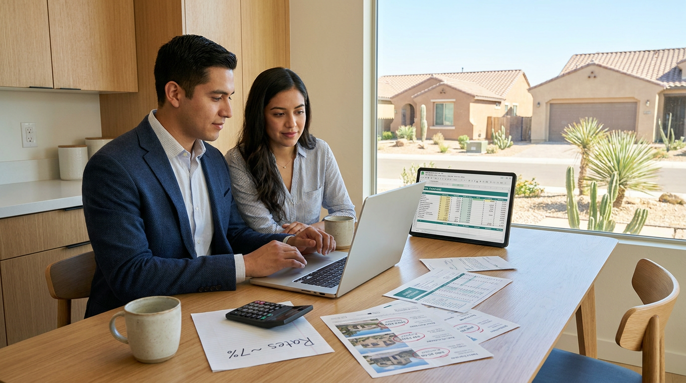 Young Latino couple sitting at a kitchen table with a laptop, reviewing a home purchase spreadsheet.
