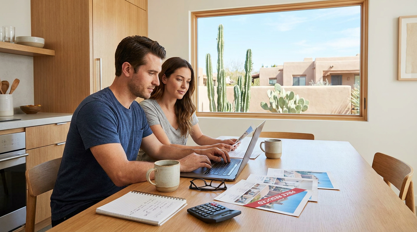 Young couple in their 30s sitting at a kitchen table with a laptop and printed home listings, one pa