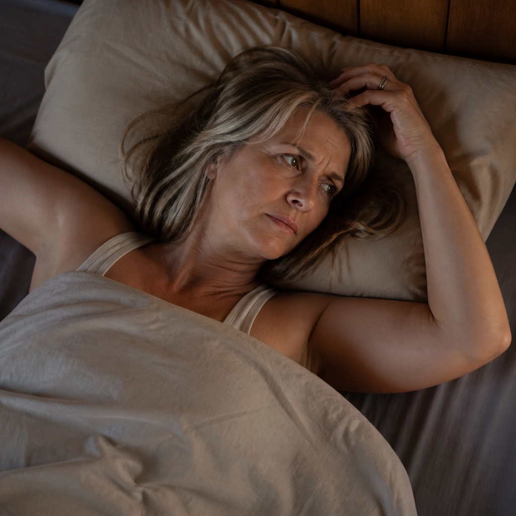 Adult sitting on the edge of the bed in the early morning, hand pressed into lower back