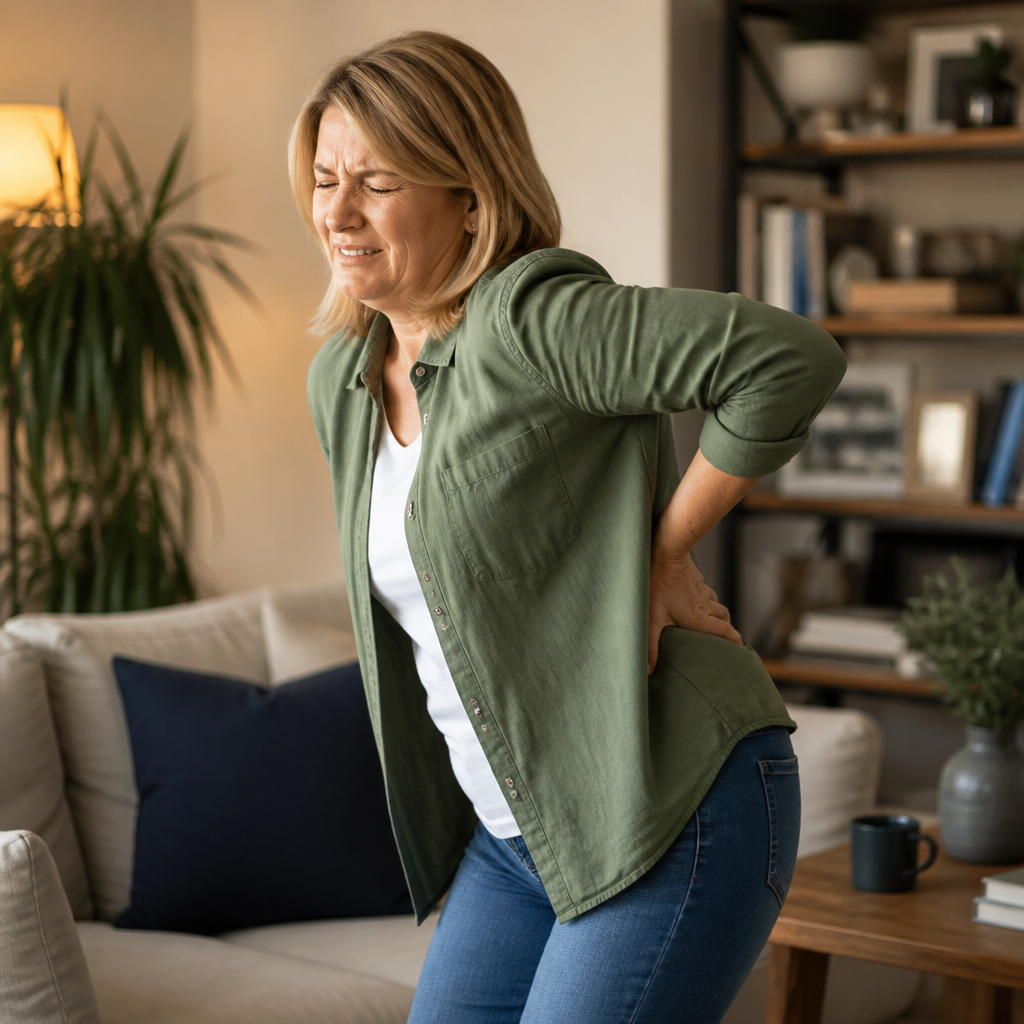 Adult waking up with morning back pain, sitting on the edge of the bed