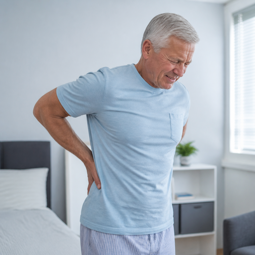 A woman over 50 waking up with back pain and stiffness in a calm, softly lit bedroom