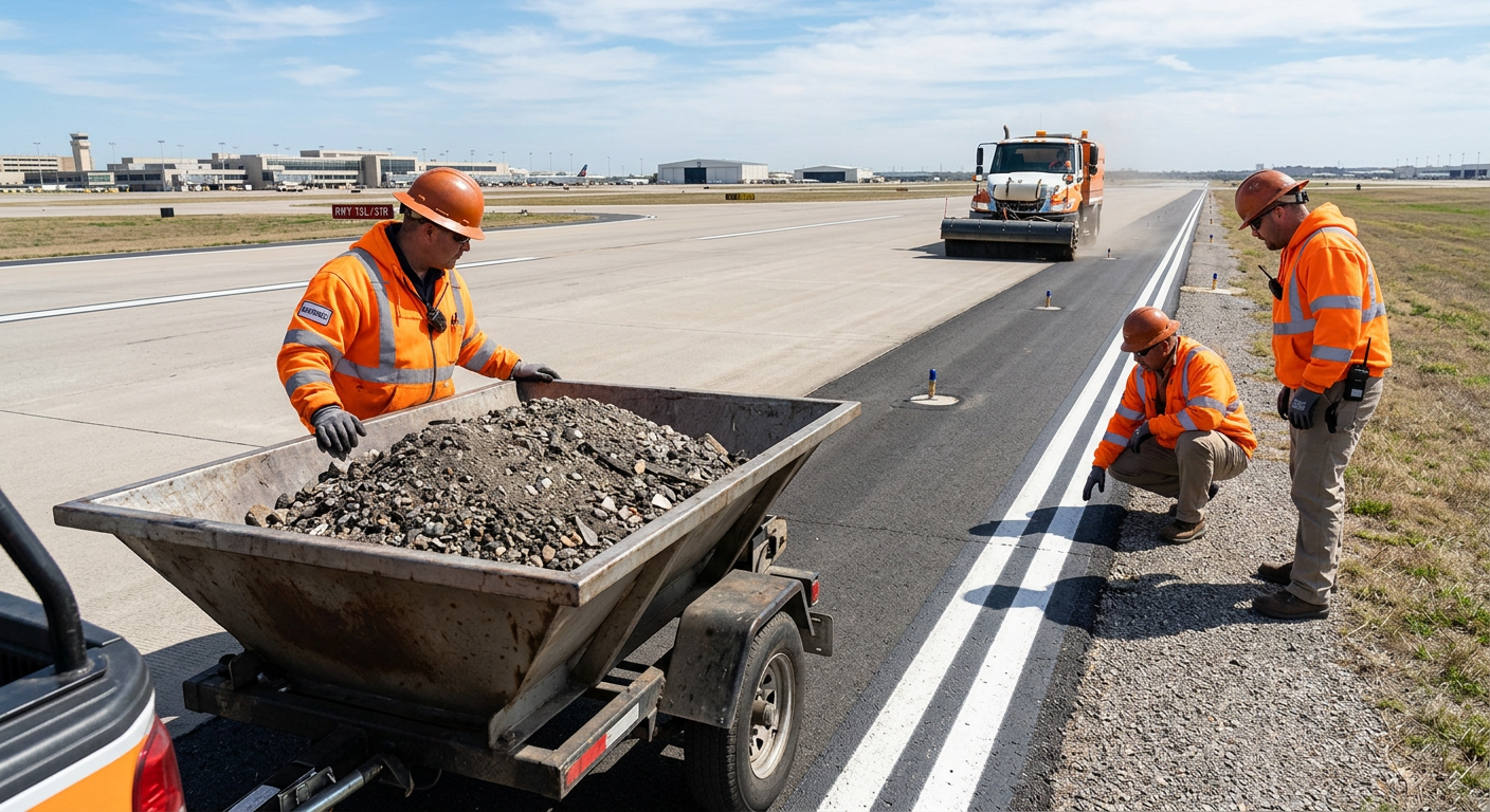 Neutral, unbranded photorealistic close view of airport maintenance personnel in high-visibility clothing inspecting a cle...