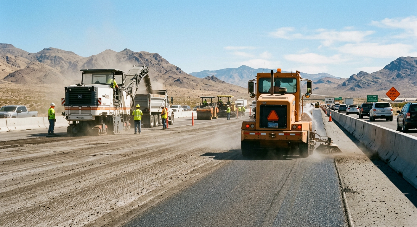 Unbranded mechanical broom street sweeper working beside a road milling operation in Nevada, photorealistic mid-distance v...