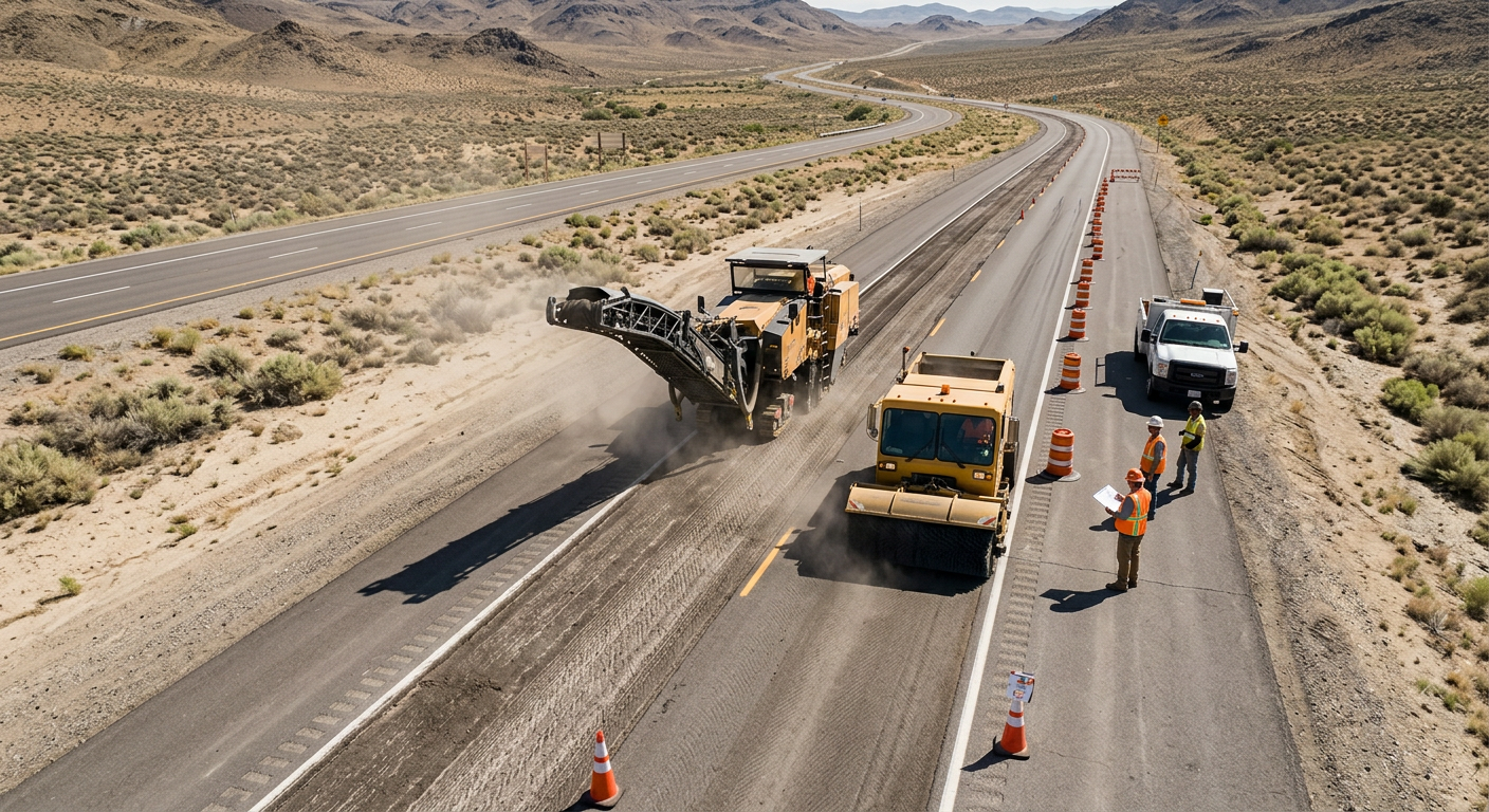 Photorealistic overhead view of an unbranded Nevada highway resurfacing project, showing a mechanical broom sweeper follow...