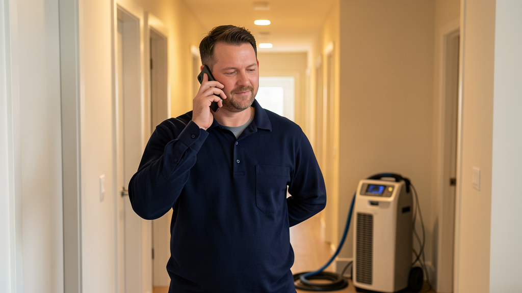 An emergency restoration technician in a navy work shirt answering a ringing smartphone by water-extraction equipment in a residential hallway, no text